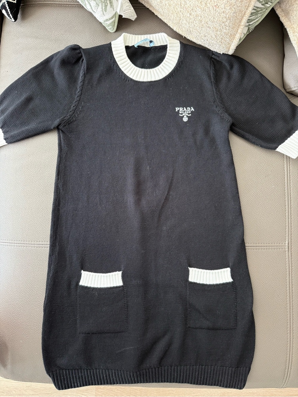 Prada Black Knit Short Sleeve Dress with Contrast Trim size 40